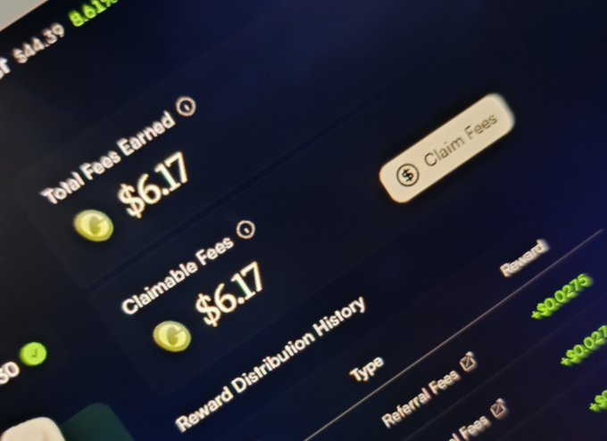 A close-up of a digital dashboard shows 'Total Fees Earned' and 'Claimable Fees' at $6.17, with a 'Claim Fees' button and a 'Reward Distribution History' log showing referral fee rewards.