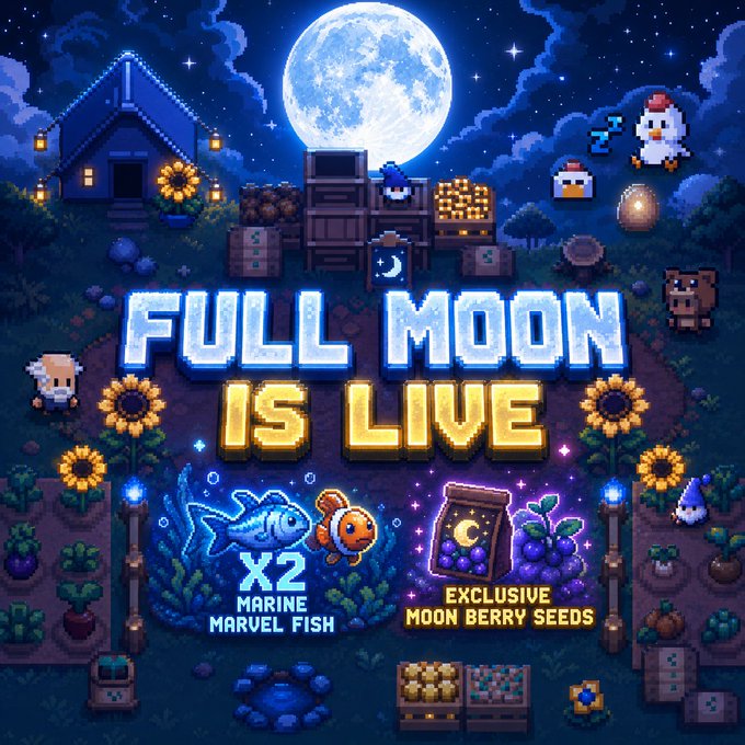Pixel art promotional graphic with text 'FULL MOON IS LIVE', 'X2 MARINE MARVEL FISH', and 'EXCLUSIVE MOON BERRY SEEDS' featuring a large moon, characters, and game items.