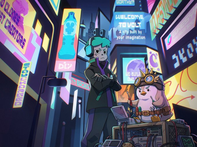 Cartoon illustration of a green-haired character with headphones standing in a neon-lit futuristic city, next to a penguin wearing goggles and a tool belt, with a sign reading 'WELCOME TO VOLT - A city built by your Imagination'.