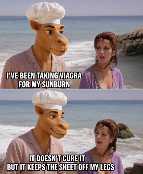 A two-panel meme from the TV show 'The Masked Singer' featuring the celebrity Chef character (with a human woman) on a beach, with captions reading 'I'VE BEEN TAKING VIAGRA FOR MY SUNBURN' in the top panel and 'IT DOESN'T CURE IT BUT IT KEEPS THE SHEET OFF MY LEGS' in the bottom panel.