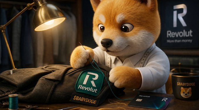 An AI-generated image of a Shiba Inu dog sewing a Revolut-branded patch onto clothing, with "$BABYDOGE" tags visible on a nearby mug.