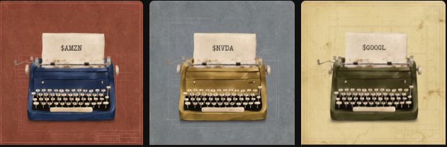 Three typewriters display text reading "$AMZN," "$NVDA," and "$GOOGL" against distinct colored backgrounds—rust orange, navy blue, and olive green—showcasing the unique rare background trait of the RoyalMechanica NFT collection on OpenSea.