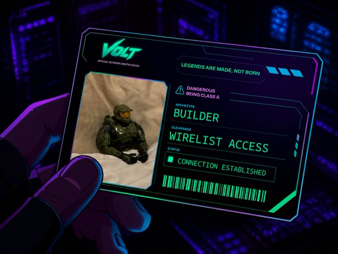 A digital trading card titled 'VOLT' with cyan and magenta neon accents, held by a hand in a glove. It displays a photo of a person in military armor, labeled 'BUILDER' archetype with 'WIRELIST ACCESS' clearance and 'CONNECTION ESTABLISHED' status.