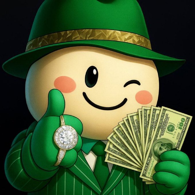 A winking, 3D-rendered leprechaun-like character in a green pinstripe suit and fedora gives a thumbs-up while showing off a diamond ring and a fan of $100 bills. The "upsey" theme and cash display align with the bullish "$cupsey" post, symbolizing a celebratory "to the moon" sentiment.