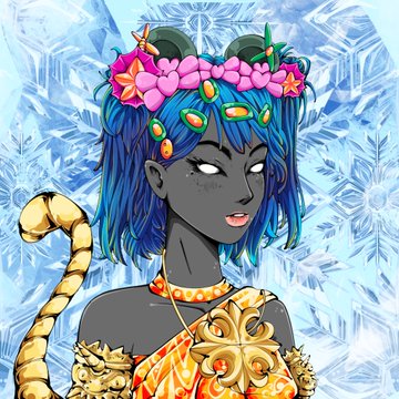 A digital illustration of a dark-skinned anime-style character with blue hair, a pink flower crown, golden serpentine details, and a fur-trimmed orange outfit against a crystalline blue background.