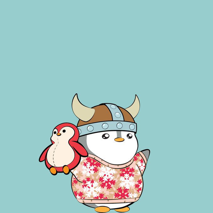 A cartoon illustration of a penguin wearing a Viking helmet and a floral shirt, holding a small red plush penguin against a teal background.