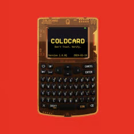 A gold-toned Coldcard hardware wallet displays its boot screen with the text "COLDKARD - Don't Trust. Verify." on a red background, visually representing the secure Bitcoin storage device at the center of an FBI investigation into a hacker who allegedly stole over 1,000 BTC.