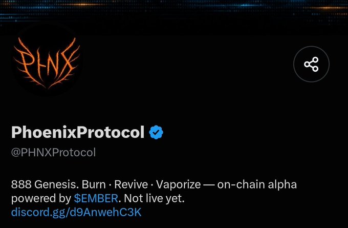 A Twitter/X profile page for **PhoenixProtocol (@PHNXProtocol)**, verified and featuring a phoenix logo, with the bio "888 Genesis. Burn · Revive · Vaporize — on-chain alpha powered by $EMBER. Not live yet." This aligns with the accompanying post highlighting the project's early status, limited 888 supply, 0.018 ETH mint price, and its innovative burn/revive/vaporize mechanics backed by the $EMBER token.