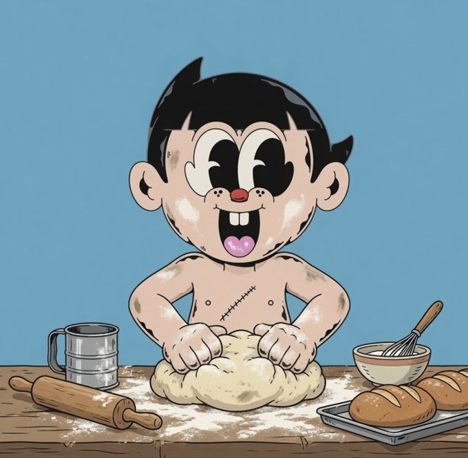 A cartoon illustration of a dirty, shirtless boy with stitches on his chest happily kneading dough on a wooden table, with bread loaves, a rolling pin, a mug, and a bowl of batter nearby.