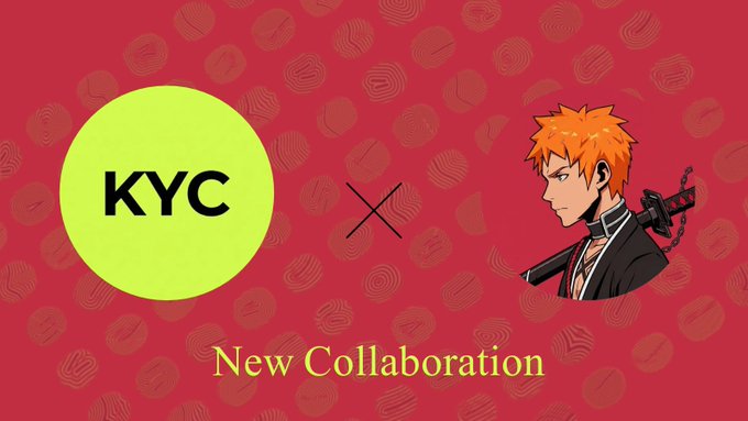 A red promotional graphic announcing a 'New Collaboration' between 'KYC' (in a yellow circle) and an anime character with orange spiky hair holding a sword.