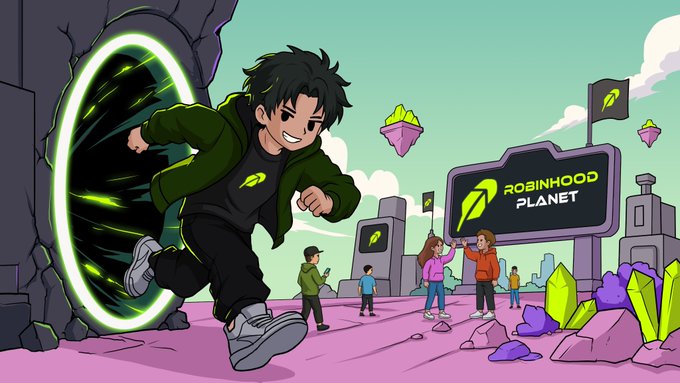 A dynamic character bursts out of a glowing green portal toward a vibrant planet labeled "ROBINHOOD PLANET," with crystalline structures and small figures exploring the scene—visually capturing the anime-inspired, mysterious Robinhood-themed concept teased in the post's alpha drop announcement.