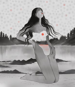 An illustration of a long-haired woman in a white swimsuit kneeling by a misty lake with pine trees, set against a dotted pattern backdrop—evoking the post's nostalgic, introspective mood about childhood, with the "255 XTZ" ticker referencing a small crypto donation.