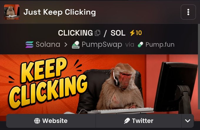 A token page for 'Just Keep Clicking' (CLICKING) on Solana via PumpSwap, showing a monkey with headphones and 'KEEP CLICKING' text.
