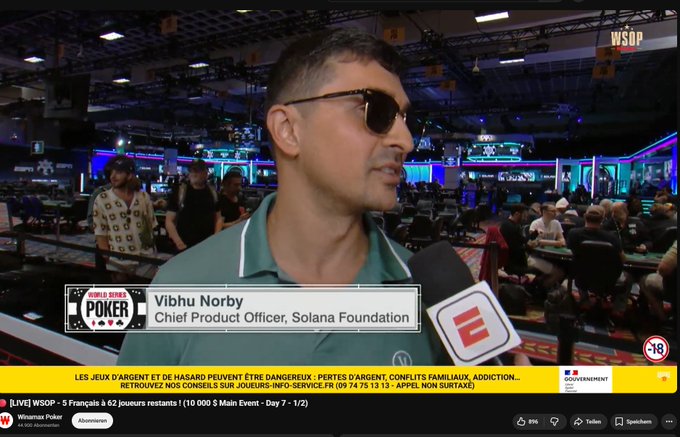 A video screenshot of an interview with Vibhu Norby, Chief Product Officer of the Solana Foundation, at a World Series of Poker event, with a French gambling warning banner at the bottom.