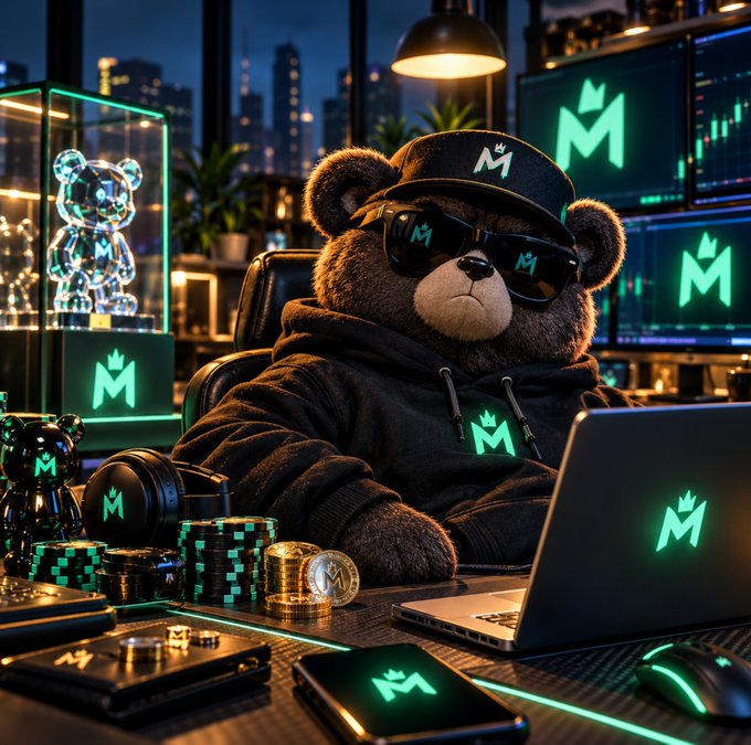 An anthropomorphic bear wearing sunglasses and a hoodie sits at a desk cluttered with chips and gold coins, working on a laptop, with multiple monitors and a glowing bear figurine displaying an 'M' logo with a crown in the background.