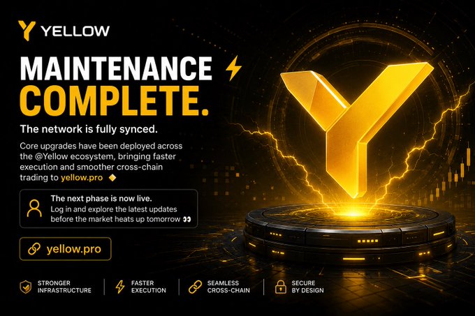 The image features a large yellow Y label with a gold lightning bolt inside of it, surrounded by black text that reads "Maintenance Complete." The background of the image is black, which contrasts with the yellow label and makes it stand out. Below the main image, there are smaller images related to the post, such as a person's profile picture and a description of the network upgrades.