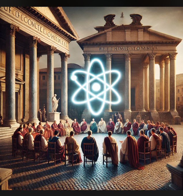 A surreal digital artwork depicts figures in ancient Roman togas seated in a circle in front of classical temples, with a glowing neon atom symbol hovering in the center.