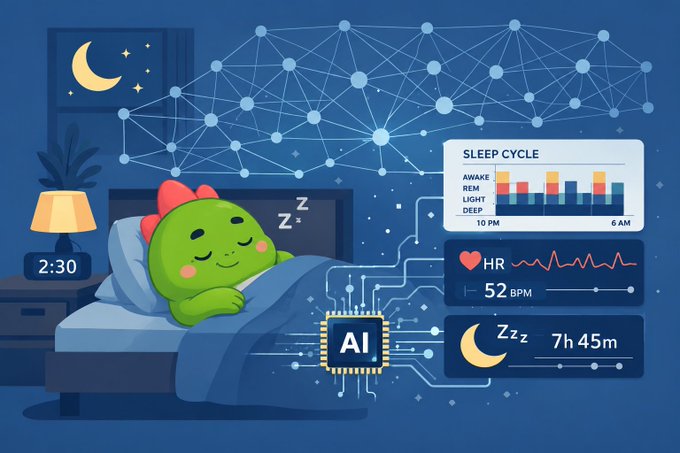 A cute green dinosaur character sleeps peacefully in bed while an AI chip monitors data like heart rate (52 BPM) and sleep cycles (10 PM to 6 AM), with "SLEEP CYCLE" and "7h 45m" displayed on dashboards. The image visually reinforces the post's message that Sleepagotchi ($SLEEP) is evolving beyond simple sleep-to-earn mechanics into a broader AI-powered health and wellness ecosystem where sleep serves as just the entry point.