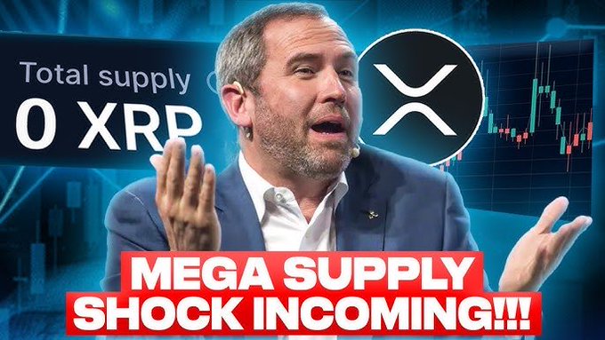 The image depicts a man wearing a suit talking about the imminent supply shock that will lead to a total supply crisis, with price trends suggesting an impending scarcity of cryptocurrency. He is also wearing earrings and has a beard. There are multiple price charts displayed in the background, highlighting the urgency of his message.