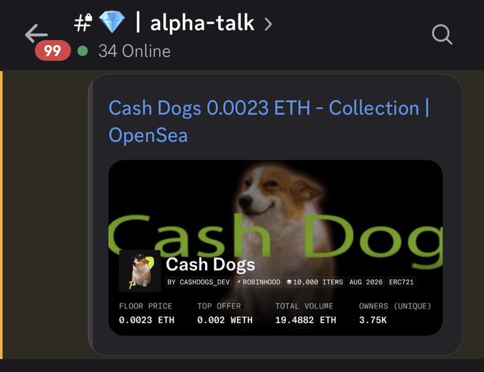 A Telegram chat screenshot from the #💎| alpha-talk channel (34 Online, 99 notifications) showing an OpenSea listing for 'Cash Dogs 0.0023 ETH - Collection' with a floor price of 0.0023 ETH, top offer of 0.002 WETH, total volume of 19.4882 ETH, and 3.75K unique owners.