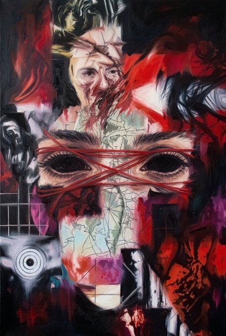 An intense, expressionist painting shows eyes crossed out with red string overlaid on fragmented, blood-red imagery.