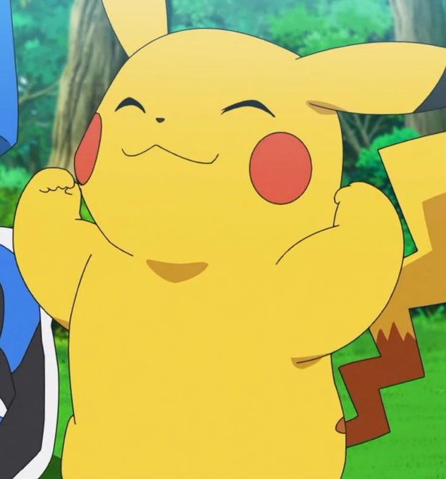 A close-up of Pikachu from the Pokémon anime smiling happily with closed eyes and a content expression in a forest setting.