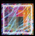 An abstract digital artwork featuring overlapping geometric shapes, lines, and colorful gradients in pink, blue, yellow, and white.