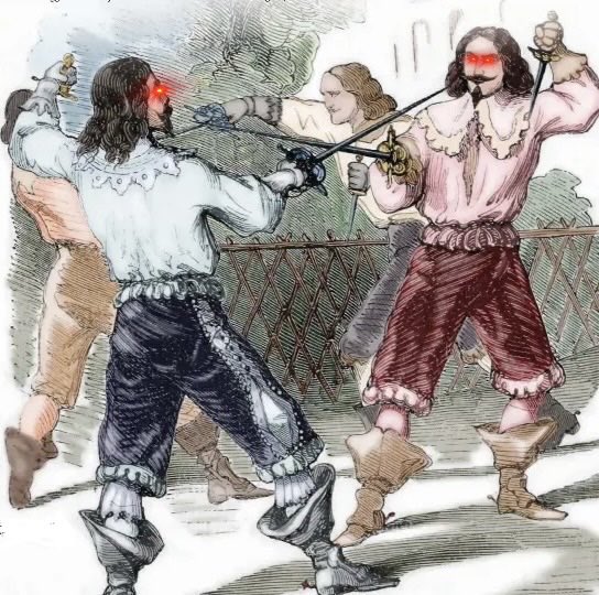 A classical-style illustration of three men engaged in a sword duel on a ship's deck, with two fighters wearing period clothing and red visors over their eyes, clashing rapiers.