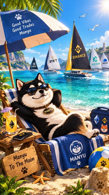 A cartoon Shiba Inu wearing sunglasses relaxes on a beach lounge chair under an umbrella reading 'Good Vibes Good Trades Manyu', with sailboats labeled 'BYBIT', 'OKX', 'BINANCE', 'KUCOIN', and 'MEXC' in the background and signs reading 'Manyu To The Moon' and 'MANYU'.