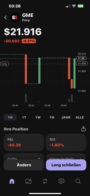 The image features a cell phone screen with an app icon displaying a financial graph. The app name, "GME", is written below it, along with the time displayed as 21:58 or 3:57 pm. A price history chart can be seen on the right side of the screen, indicating the current stock market data for a particular company and date. 

In the bottom left corner of the image, there's an interactive button labeled "Long schlchen". The app icon also displays a small photo near it. Above all this information, in the top left area of the screen, we can see the name "GME" at the top.
