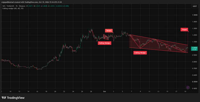 A TradingView chart of SUI/USDT on Binance, annotated with red falling wedge patterns and target zones, showing a current price of 1.0483 with -0.30% change.