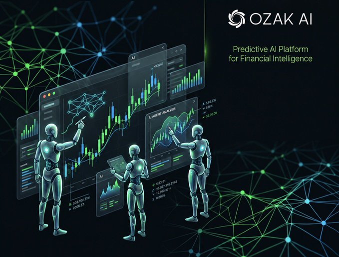Marketing image for 'OZAK AI' describing it as a 'Predictive AI Platform for Financial Intelligence,' showing humanoid robots analyzing financial charts and AI agent data visualizations against a network backdrop.