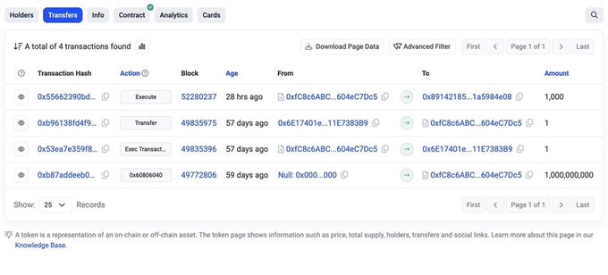 A screenshot of a blockchain explorer shows a 'Transfers' tab with 4 transactions, highlighting a transfer of 1,000,000,000 tokens.