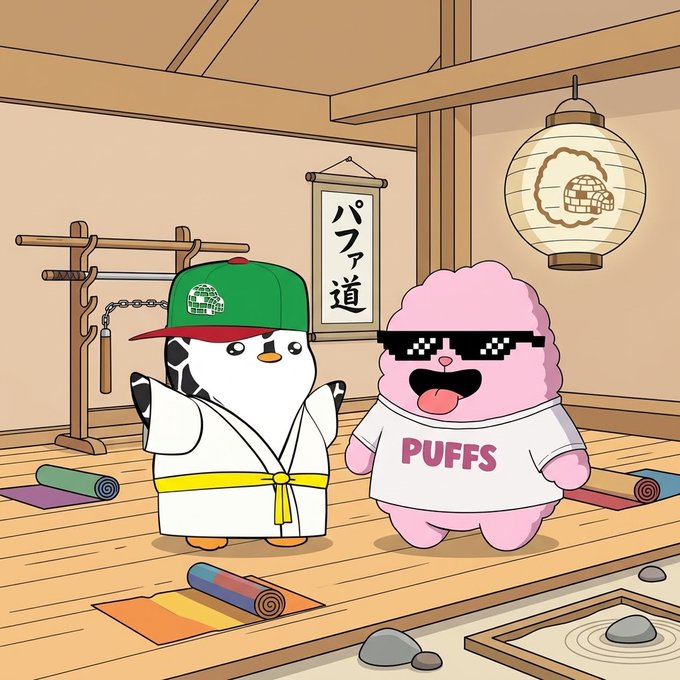 A cartoon image shows a penguin in a karate gi and green cap alongside a pink fluffy character wearing "PUFFS" shirt and "deal with it" sunglasses, with a scroll reading "パファ道" (Puffa-do) in a dojo setting, representing the PufflingNFTs project mascot. The image promotes a giveaway for 10 GTD with instructions to follow, like, RT, and comment an EVM wallet within 24 hours.