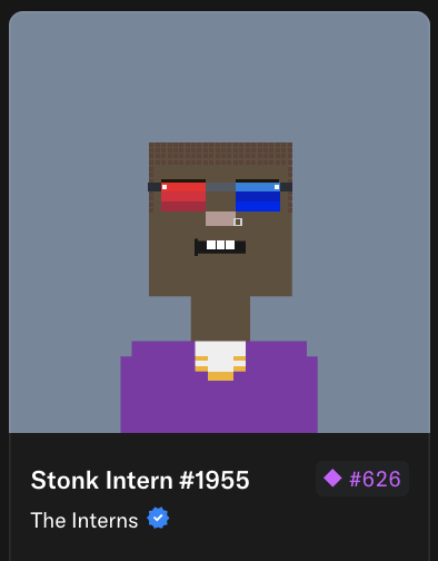 A digital collectible NFT titled 'Stonk Intern #1955' from 'The Interns' collection (#626), depicting a pixelated character with 3D glasses and a purple shirt.
