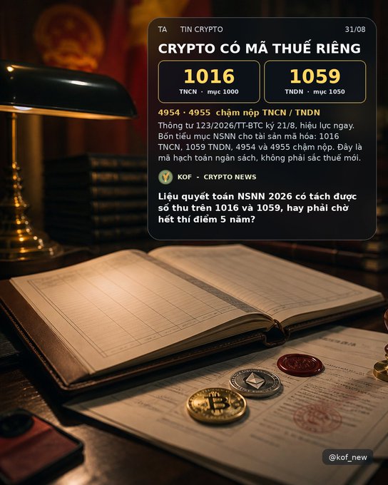 A Vietnamese news graphic about crypto tax codes, with the headline 'CRYPTO CÓ MÃ THUẾ RIÊNG' showing codes 1016 and 1059 for TNCN and TNDN taxes, set against a backdrop of an open ledger and physical crypto coins.