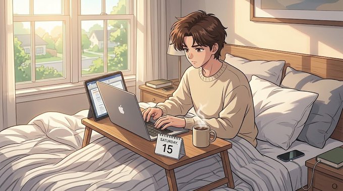 An anime-style illustration of a brown-haired male character wearing a cream sweater, working on a laptop while sitting on a bed, with a coffee mug and a 'Saturday 15' calendar visible on a small desk.