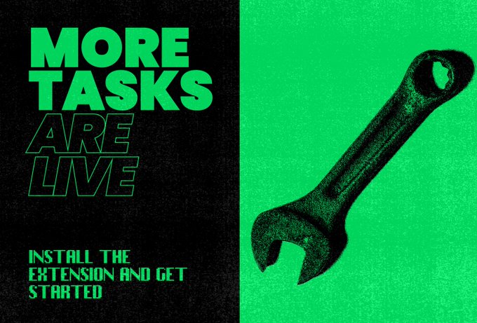 A promotional graphic with a split black-and-green design features the bold text "MORE TASKS ARE LIVE – INSTALL THE EXTENSION AND GET STARTED" alongside an image of a wrench, visually reinforcing the post's message about new available tasks through the Titan Browser Extension.