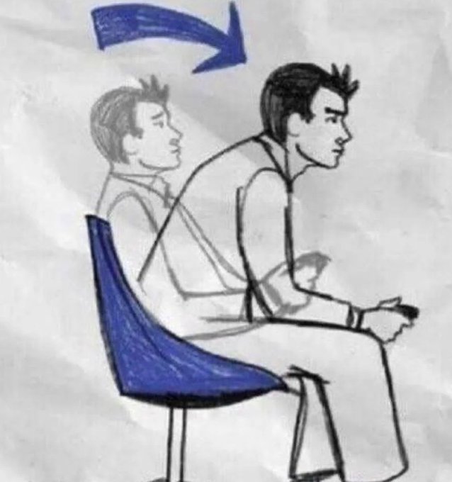 Hand-drawn illustration showing a person sitting upright on a chair, with a blue arrow indicating movement or transition, and a faded duplicate of the figure behind them.