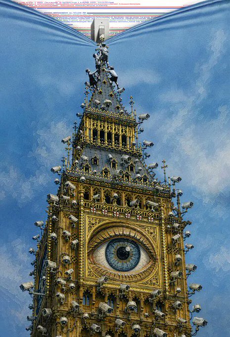 A digitally manipulated image of Big Ben's clock tower featuring a large watchful eye on the clock face and numerous security cameras covering the spire, with a pixelated red and blue data stream at the top.