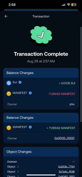 A Sui wallet transaction confirmation screen showing the burning of 71,189.62 MANIFEST tokens to address 0x0000...0000 (burn address), with a small receipt of 0.0108 SUI, dated Aug 29 at 2:57 AM, supporting the post's claim about burning MANIFEST to increase the total burned supply to 22%.
