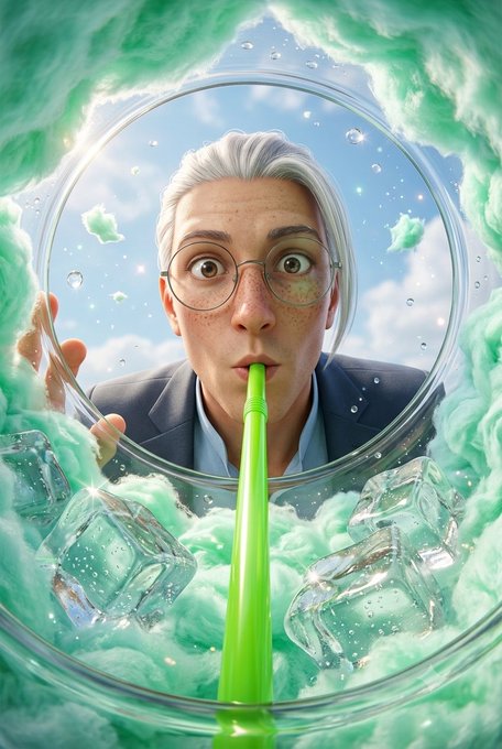 A digitally rendered portrait shows a person with silver hair and round glasses drinking a green liquid through a straw from a glass surrounded by ice cubes and mint-green foam.
