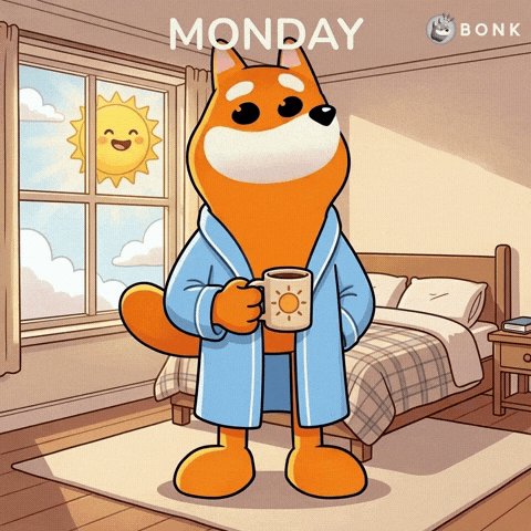 The image features a cartoon dog dressed in a robe, holding a coffee cup and standing next to a bed with white sheets. The text "Good morning frens" appears at the bottom of the image, which suggests that this scene might be related to a morning routine or a daily schedule. The cartoon dog's outfit and the presence of the bed and window create an atmosphere of relaxation and leisurely activities typically associated with mornings.