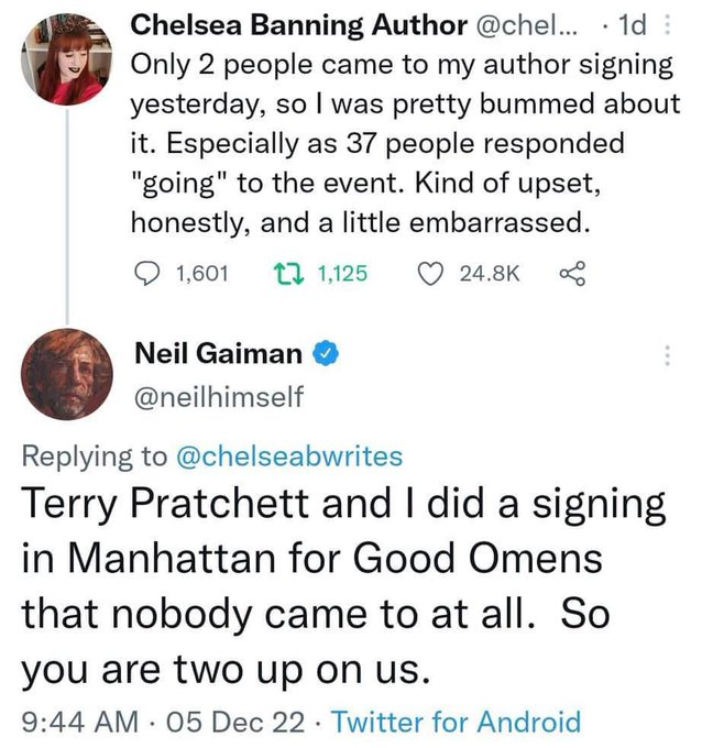 The image features a Twitter post with two tweets, one of which is about a conversation between two people named Terry Pratchett and another person who signed an email. The text includes mentions of "nobody" and "at all." It seems that the conversation might have been about a recent event or situation involving these individuals.