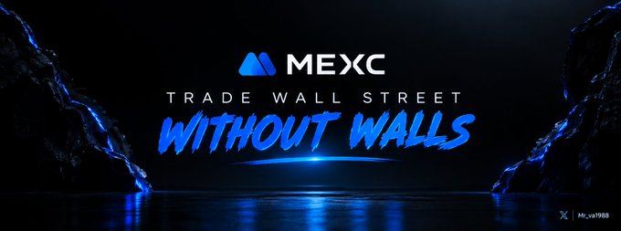The promotional banner for MEXC displays the tagline "TRADE WALL STREET WITHOUT WALLS" against a dramatic dark blue background with rocky formations framing the text. The image visually reinforces the post's message about dismantling the invisible fee barriers that separate retail and institutional traders, with MEXC positioned as the platform eliminating those traditional trading "walls."