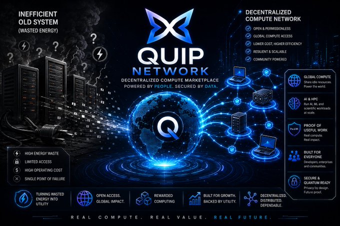 Promotional infographic for QUIP NETWORK, a decentralized compute marketplace, contrasting an 'inefficient old system' with features like global compute, AI & HPC, and real compute value.