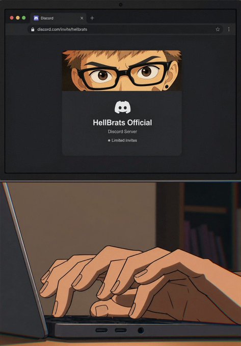 A composite image showing a Discord server invite page for 'HellBrats Official' on a laptop screen above, and an anime-style illustration of hands typing on a laptop keyboard below.
