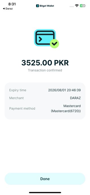 A screenshot of a Bitget Wallet transaction confirmation showing a successful payment of **3525.00 PKR** to **DARAZ** via **Mastercard (Mastercard(6720))**, expiring on 2026/08/01 at 20:46:39. The image visually supports the post by confirming a completed Daraz purchase, reinforcing the user's claim of a fast and reliable payment experience with their Bitget Wallet Card.