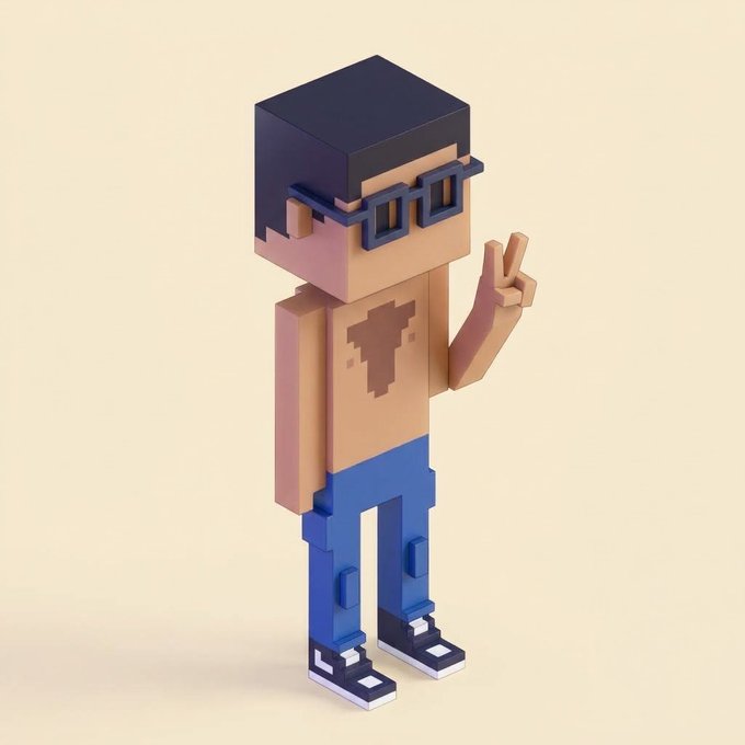 A 3D voxel-style character with dark hair, glasses, and blue jeans makes a peace sign on a beige background.