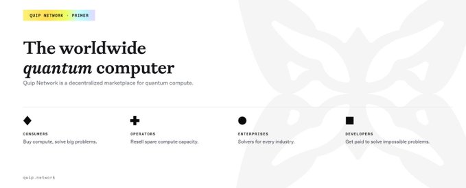 Website homepage for Quip Network, described as 'The worldwide quantum computer' and a decentralized marketplace for quantum computing serving consumers, operators, enterprises, and developers.
